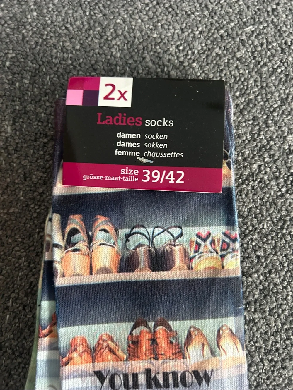 Ladies Novelty Shoe-Print Socks with Text - Multicolor